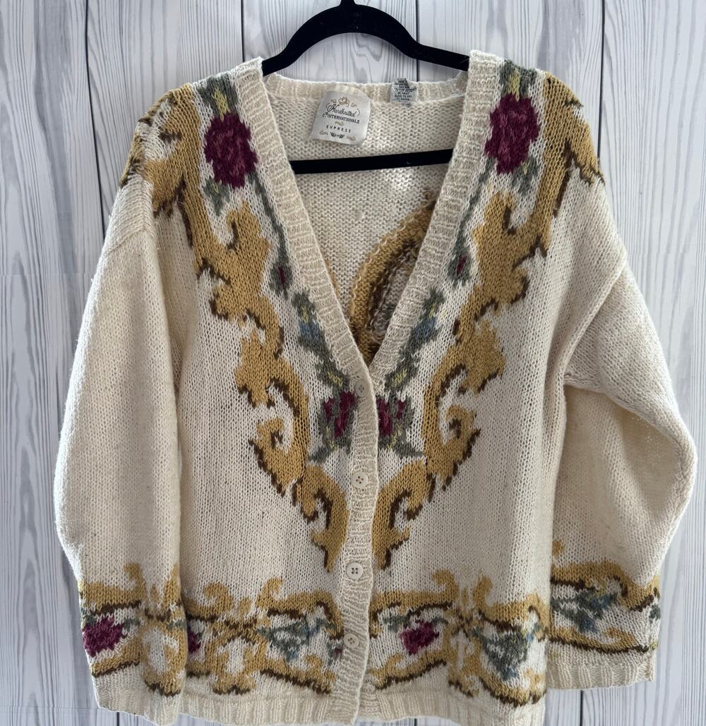 Vintage Womens M Mohair Blend Sweater Cardigan Floral Button Up